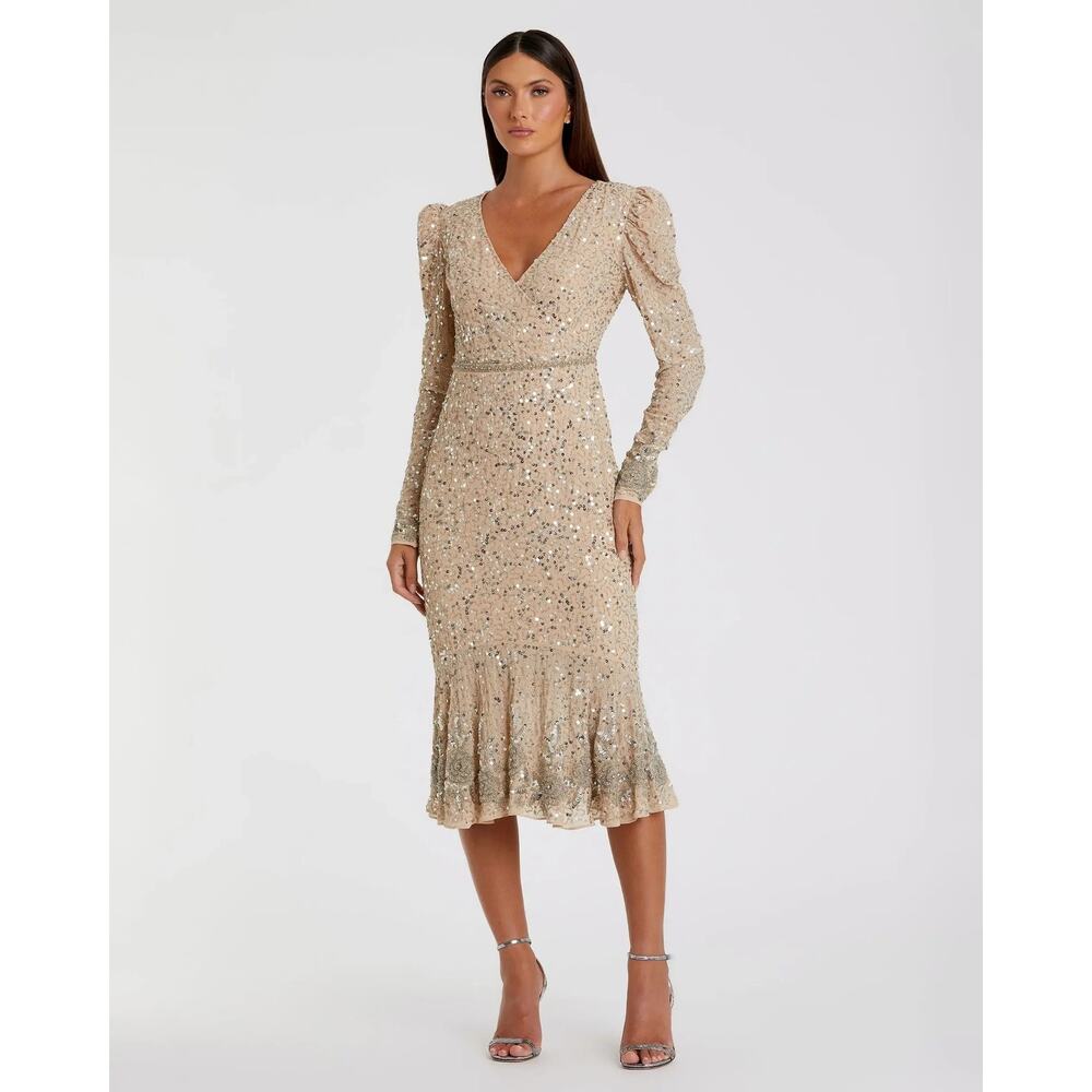 MAC DUGGAL New $498 Style 10740 Beige Sequin Dress Embellished Hemline Sz 16